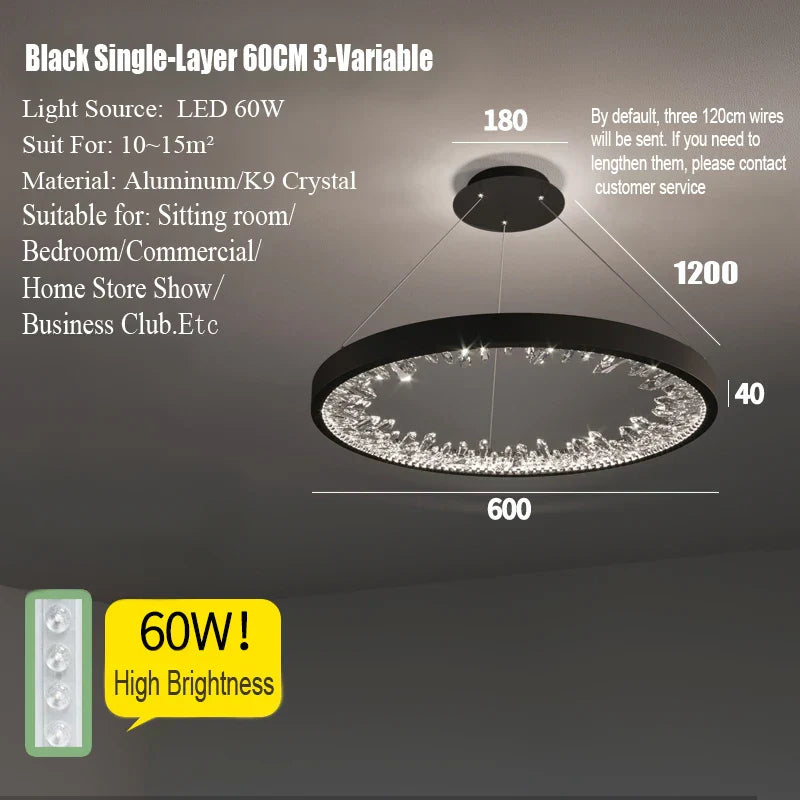 Crystal LED Chandelier Circle Hanging Lamp - Modern Luxury Dimmable Lighting