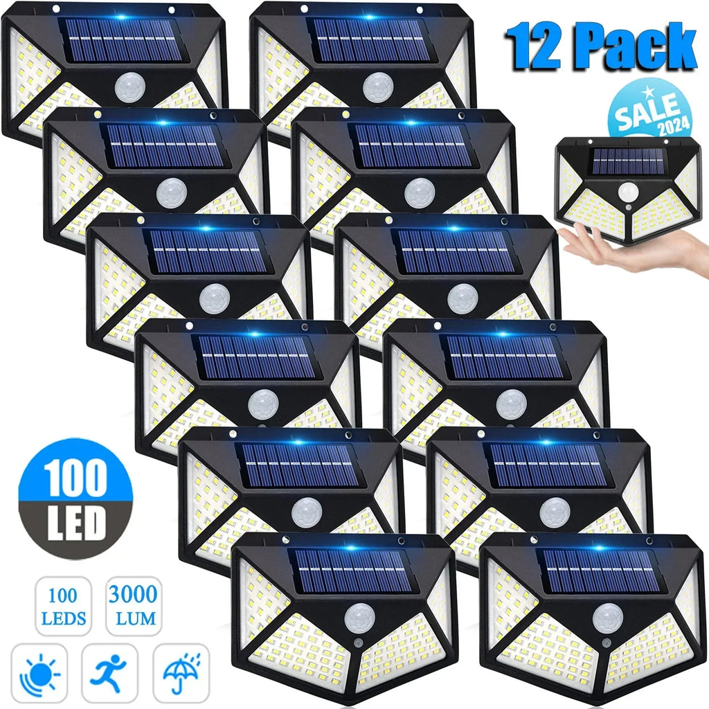 100LED Solar Powered Outdoor Wall Lamp with PIR Motion Sensor
