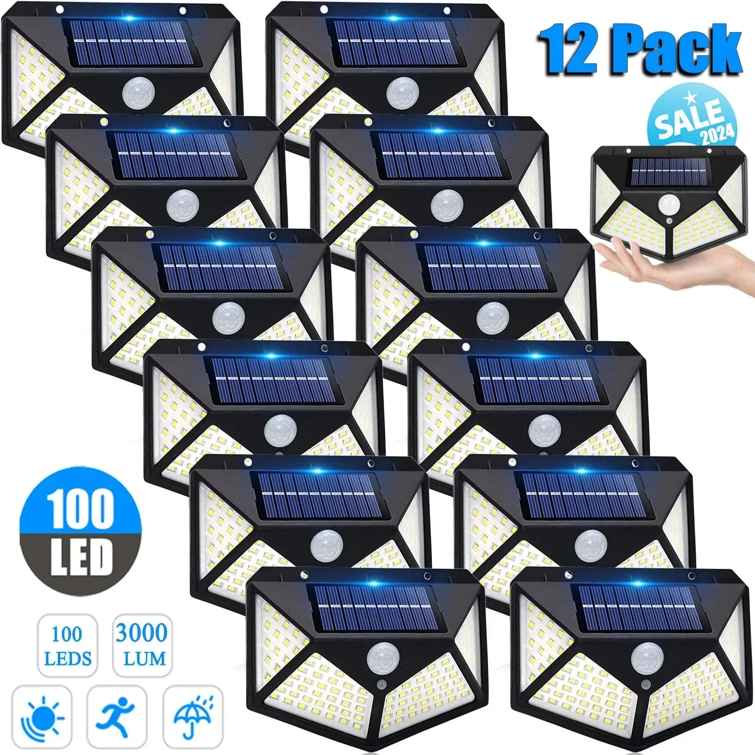 100LED Solar Powered Outdoor Wall Lamp with PIR Motion Sensor