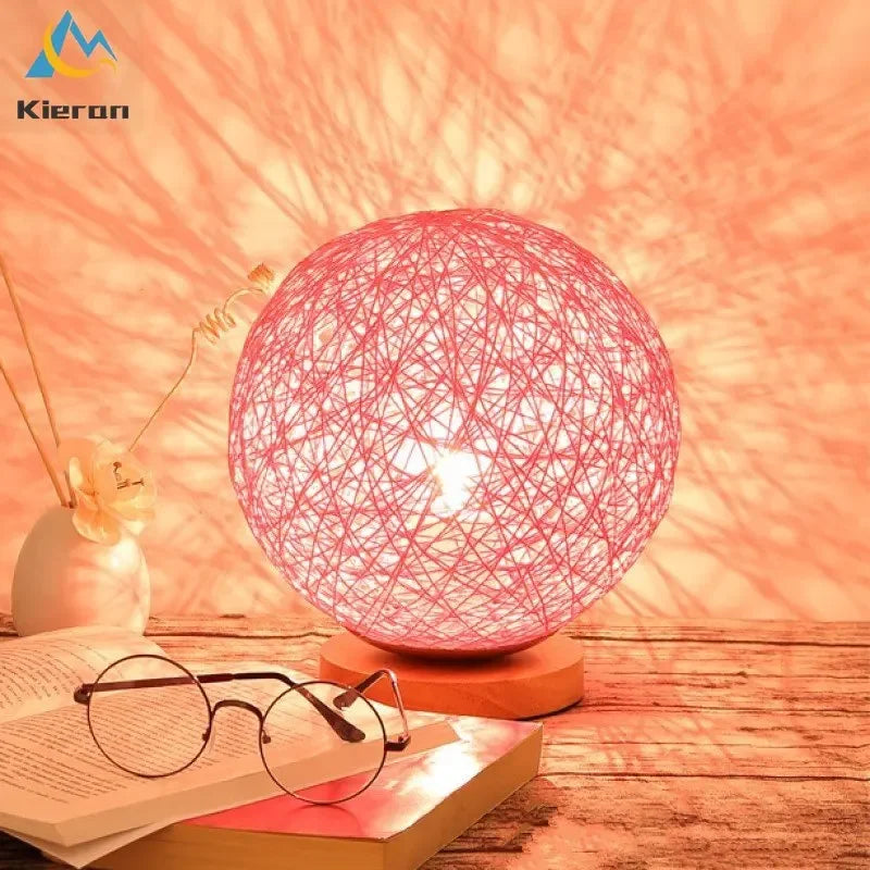 Rattan Ball Solid Wood LED Table Lamp for Living Room and Bedroom
