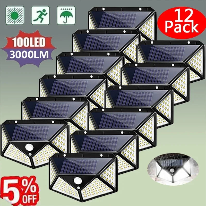 Solar 100LED Outdoor Wall Lamp with PIR Motion Sensor for Garden Courtyard