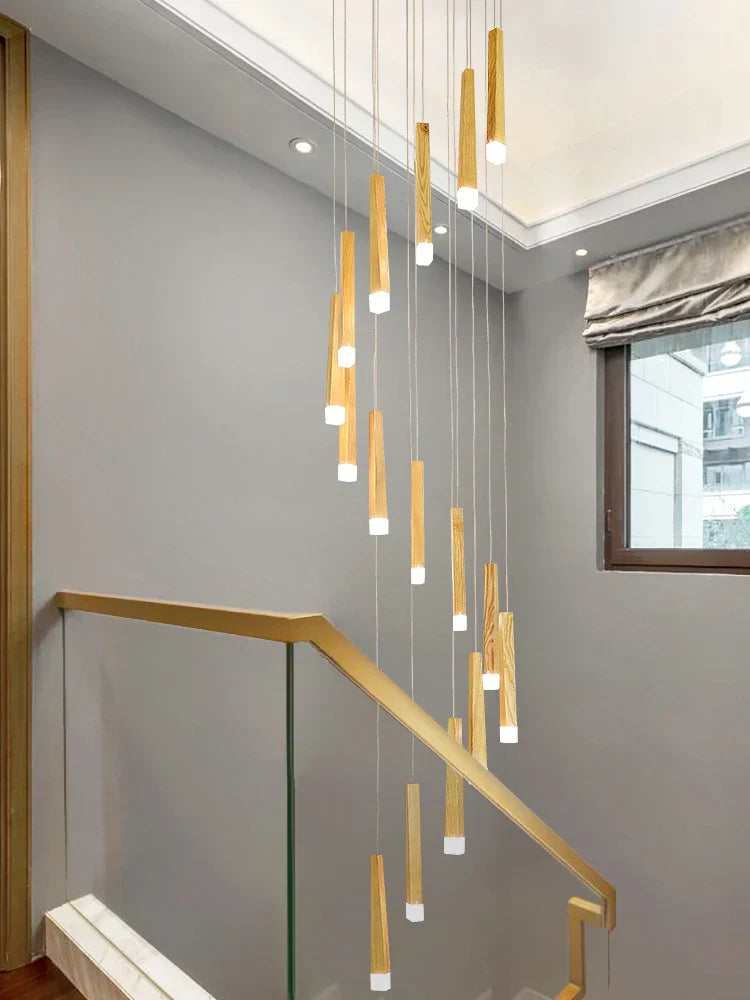 Wooden Chandelier: Modern LED Staircase Hanging Light
