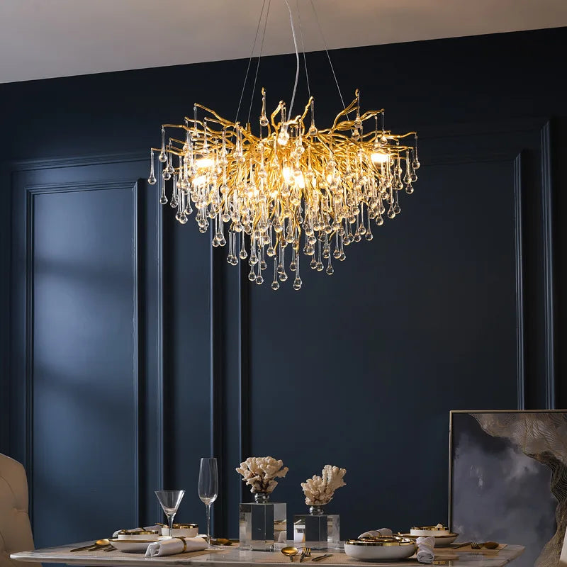 Crystal Water Drop Branch Chandelier: Luxury LED Lighting for Hall, Living Room, or Bar