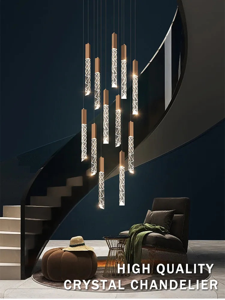 Luxury Crystal Column LED Chandelier Pendant for Staircase Home Decor