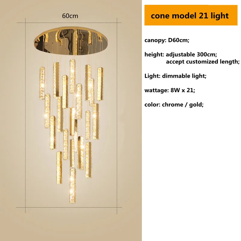 Crystal Lustre Pendant Lights with Dimmable LED, Adjustable Cable - Gold Chrome Steel