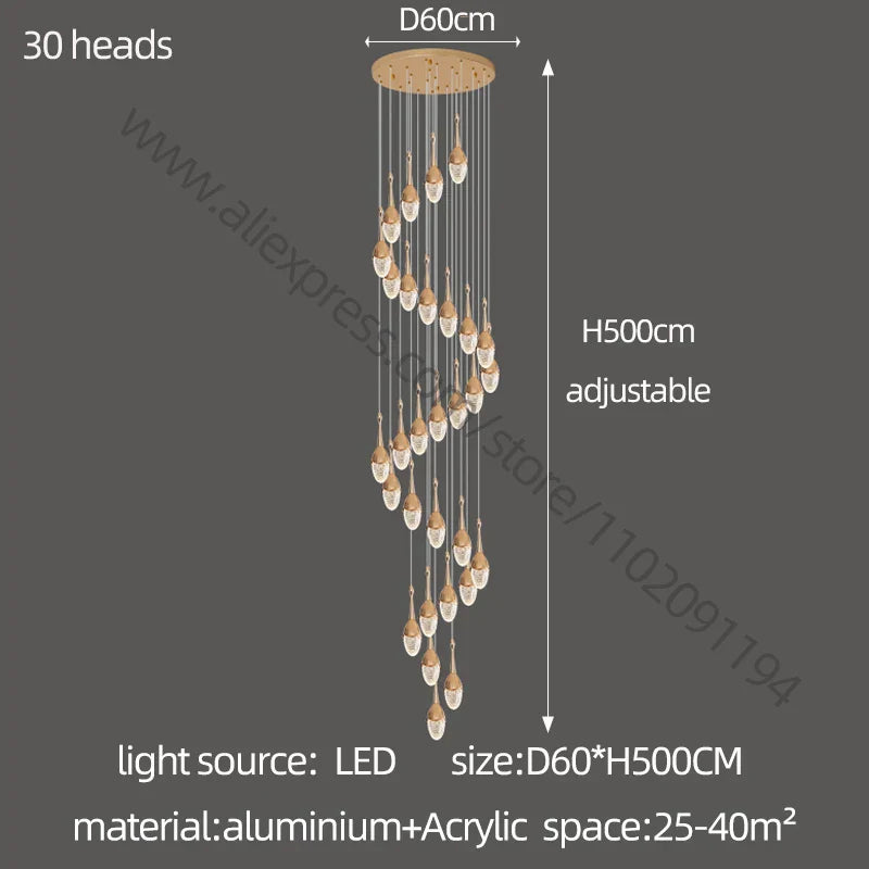 Gold LED Staircase Chandelier: Elegant Luxury Large Pendant Lamp for Living Room