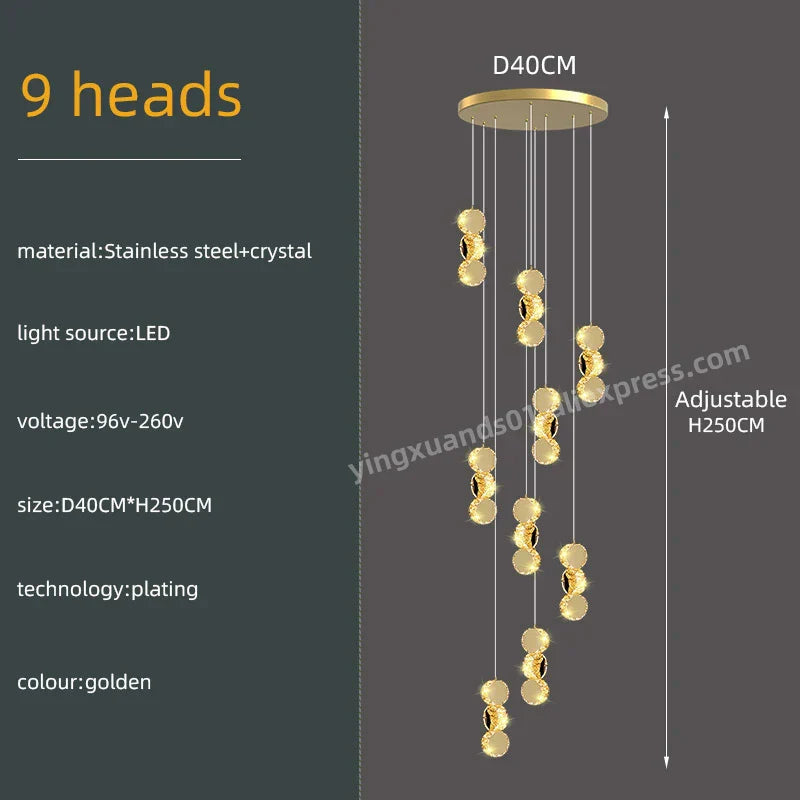 Gold Crystal Chandeliers LED Pendant Lamp for Modern Living Spaces