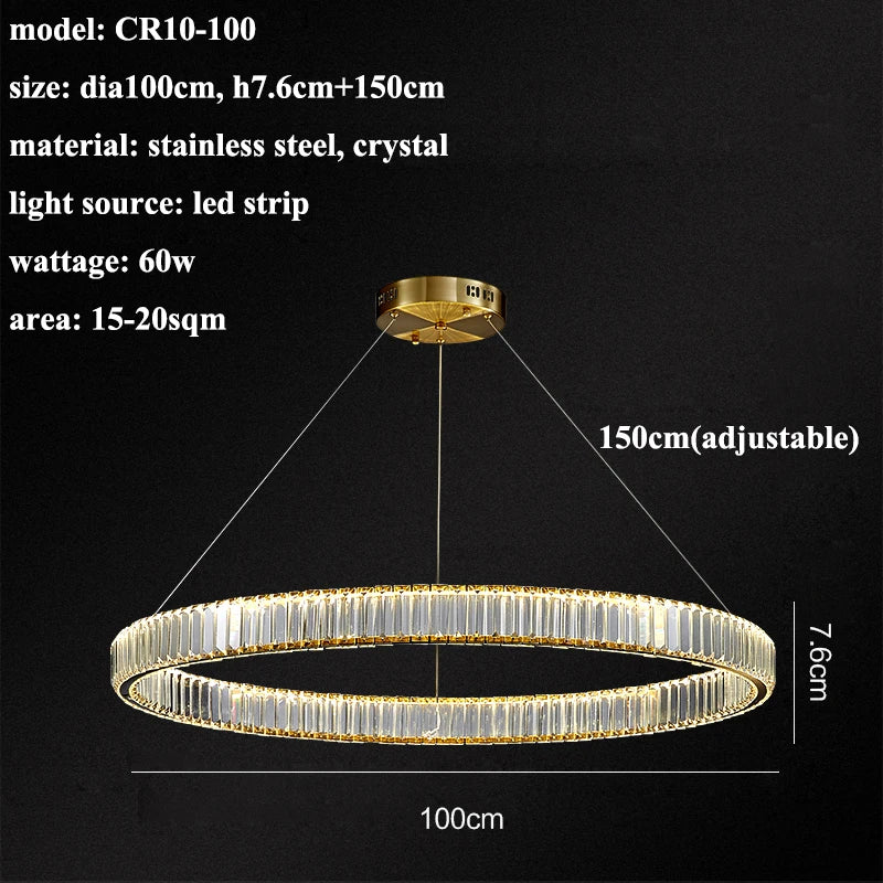 Luxury Steel Crystal Chandelier Dimmable LED Pendant Lights with Remote Control