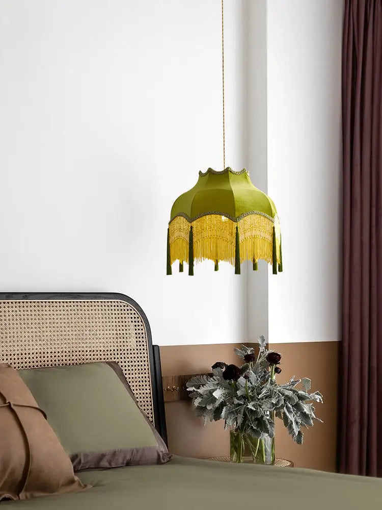 Vintage Green Cloth Tassels LED Ceiling Chandelier Pendant Lights Home Decor
