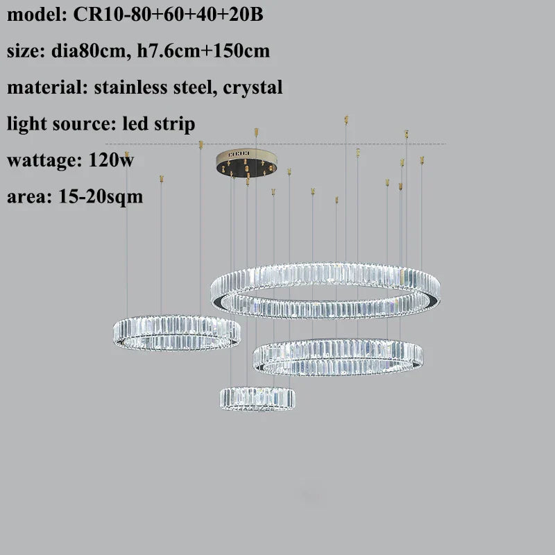 Luxury Steel Crystal Chandelier Dimmable LED Pendant Lights with Remote Control