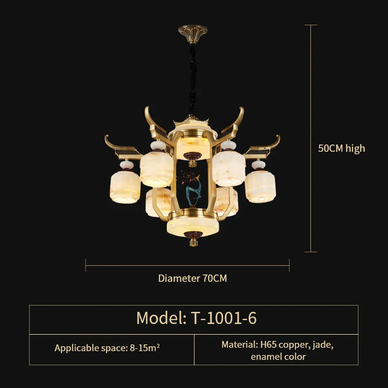 All Copper Jade Chandelier for Villa Living Room, Dining Room - Chinese Style Duplex Copper Lamp