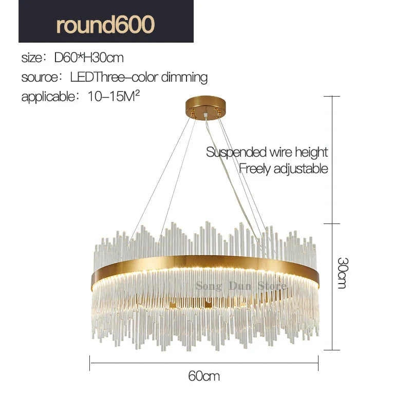 Crystal Rod Round Chandelier: Modern Nordic Light for Living Room, Bedroom, Dining Room, Kitchen