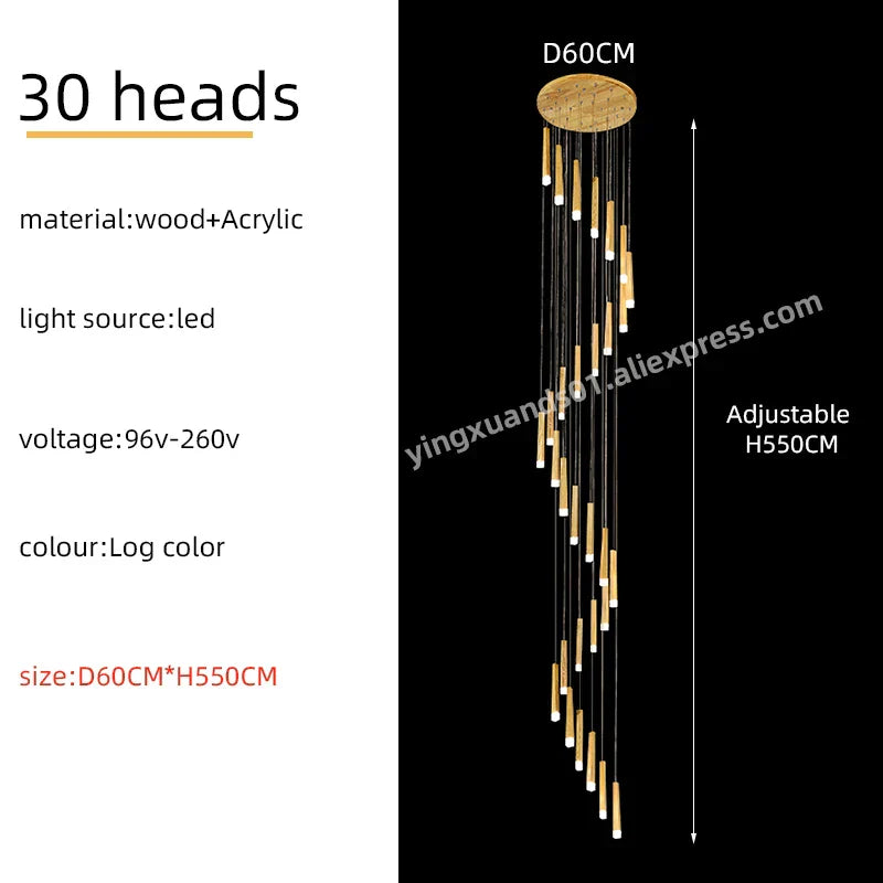 Wooden Chandelier: Modern LED Staircase Hanging Light