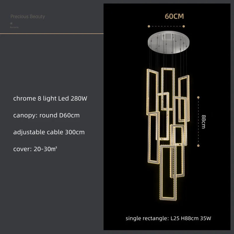 Modern Crystal LED Pendant Lights Steel Rectangle Hanging Lamp