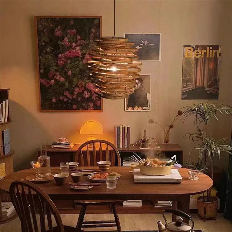Bamboo Birdnest Pendant Light for Dining Room, Handmade Wicker Lamp for Kitchen Bar & Living Room
