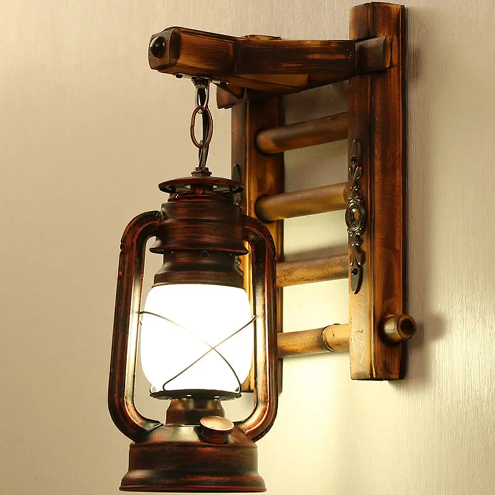 Vintage Industrial Wall Sconce Wooden Kerosene Lamp for Cafe Bar Decor