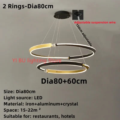 Black Gold LED Ceiling Chandelier Crystal Decorative Pendant Lamp for Dining Room Bedroom