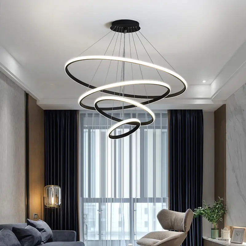 Modern Black LED Rings Circle Ceiling Pendant Chandelier for Living Room
