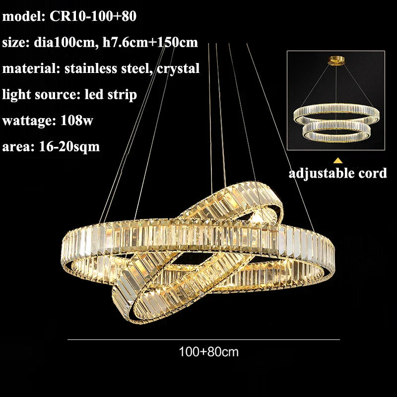 Luxury Steel Crystal Chandelier Dimmable LED Pendant Lights with Remote Control