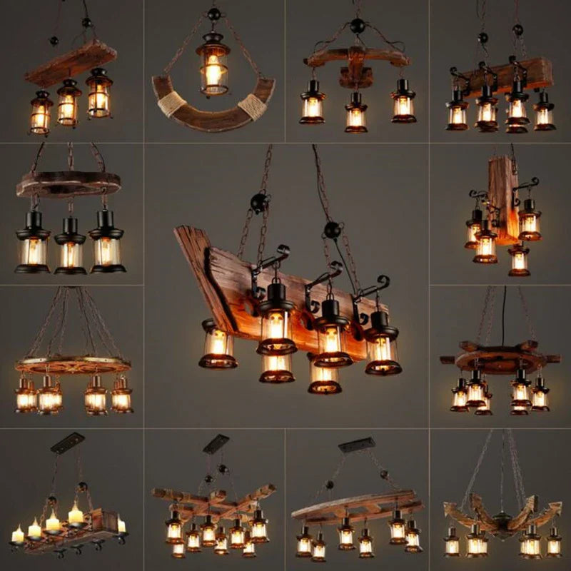 Retro Wood E27 LED Ceiling Chandelier: Antique Industrial Bar Pendant Lights for Vintage Ambiance