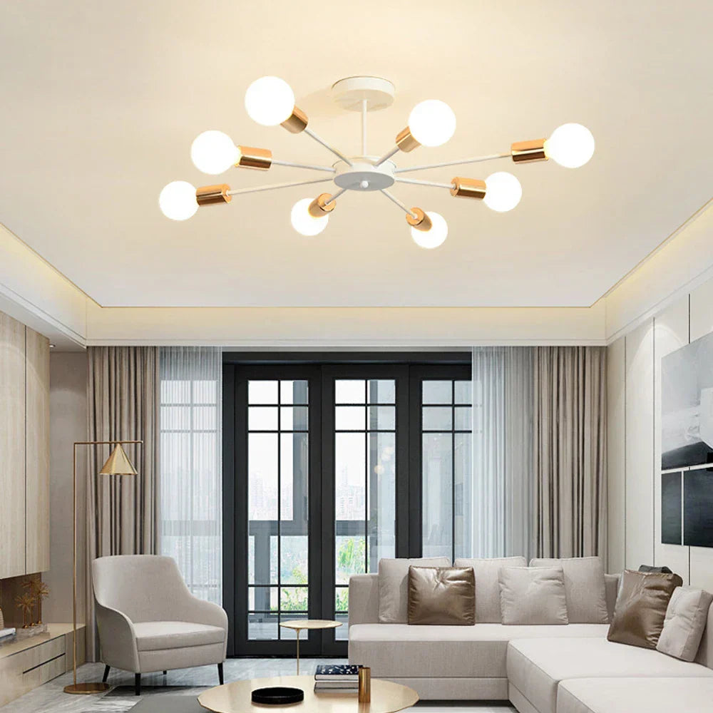 Industrial Rod Iron Wood Sputnik Chandelier Ceiling Lamp LED E27 Home Lighting