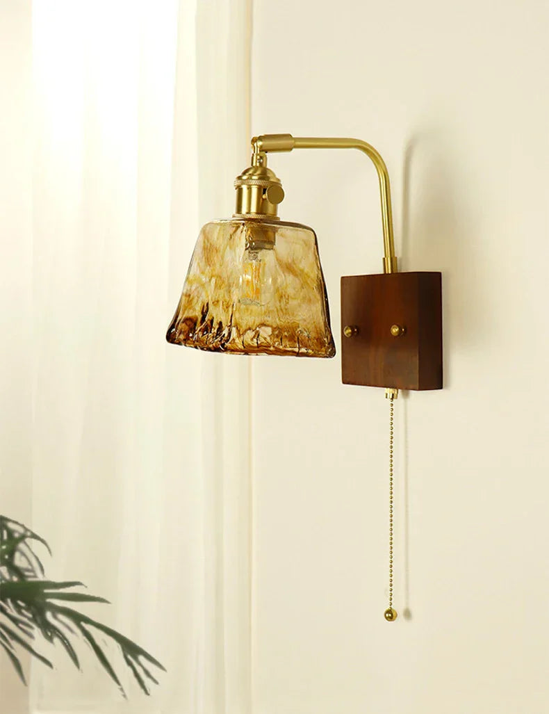 Wooden Brass Glass Wall Lamp Modern Bedroom Bedside Light