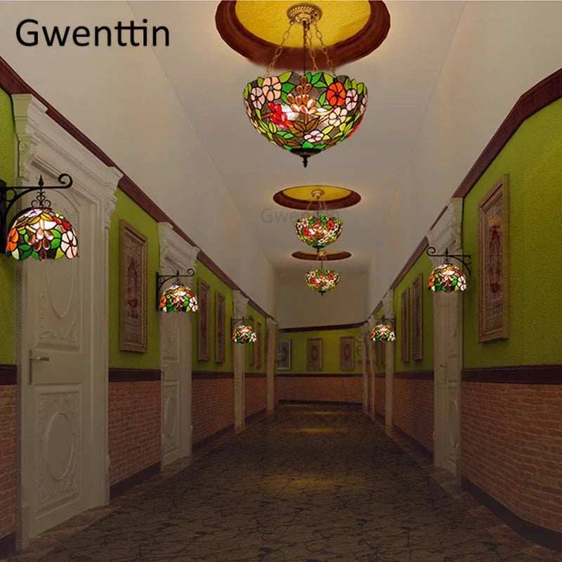 Mediterranean Tiffany Stained Glass Pendant Light Vintage Hanging Lamp Art Decor