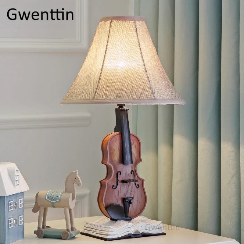 Kids Violin LED Table Lamp for Bedroom - Modern Fabric Stand Light