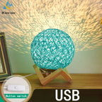 Minimalist Rattan Ball LED Table Lamp with Solid Wood Base