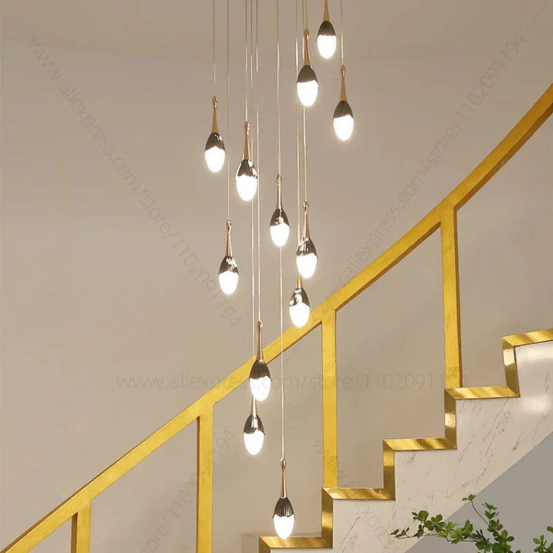 Gold LED Staircase Chandelier: Elegant Luxury Large Pendant Lamp for Living Room