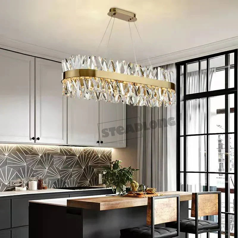 Crystal Pendant Light: Dimmable Semi Round LED Hanging Lamp for Living Room