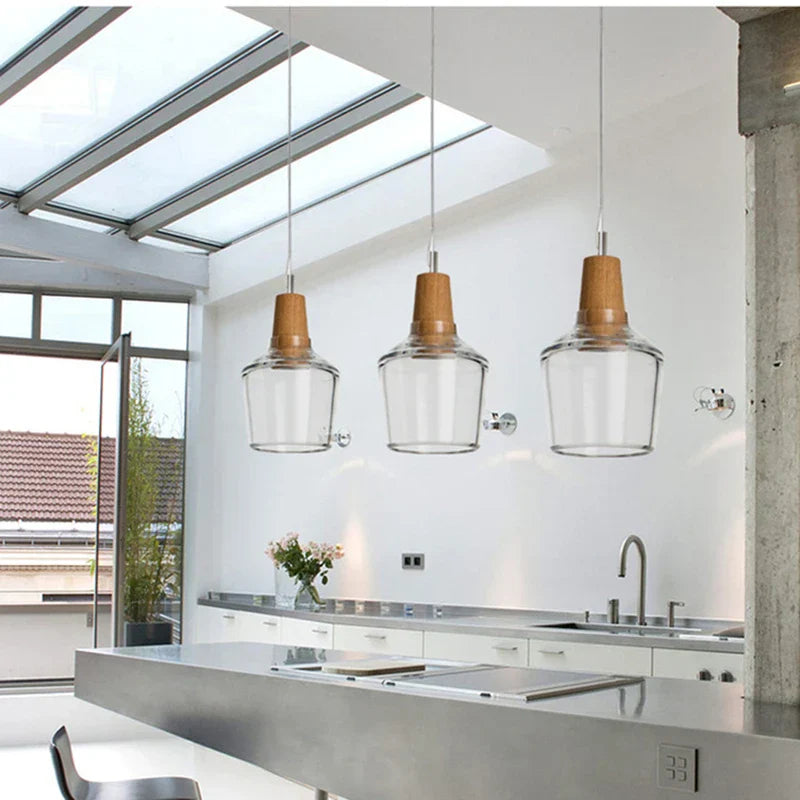 Glass & Wood Pendant Light: Modern Nordic Hanging Lamp for Bar, Table, Dining - Gray Retro Decor