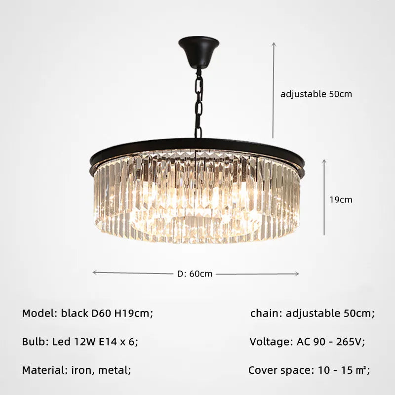 Retro Gold Black Metal Crystal Pendant Lights with LED, Chain Hanging Suspension Loft Lamp