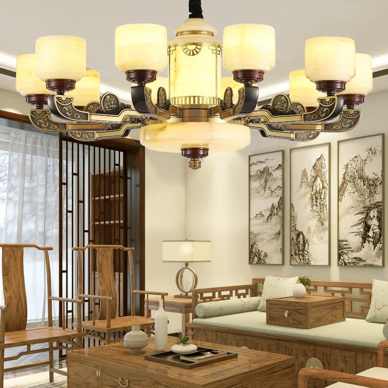 All Copper Jade Chandelier | Chinese Style Living Room Dining Room Lighting
