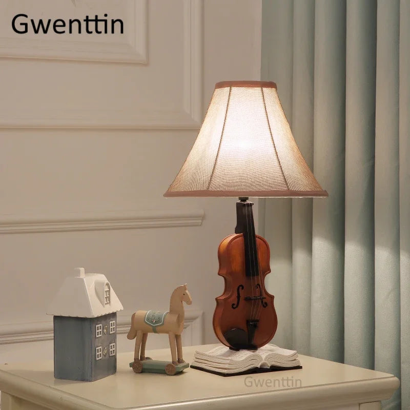 Kids Violin LED Table Lamp for Bedroom - Modern Fabric Stand Light