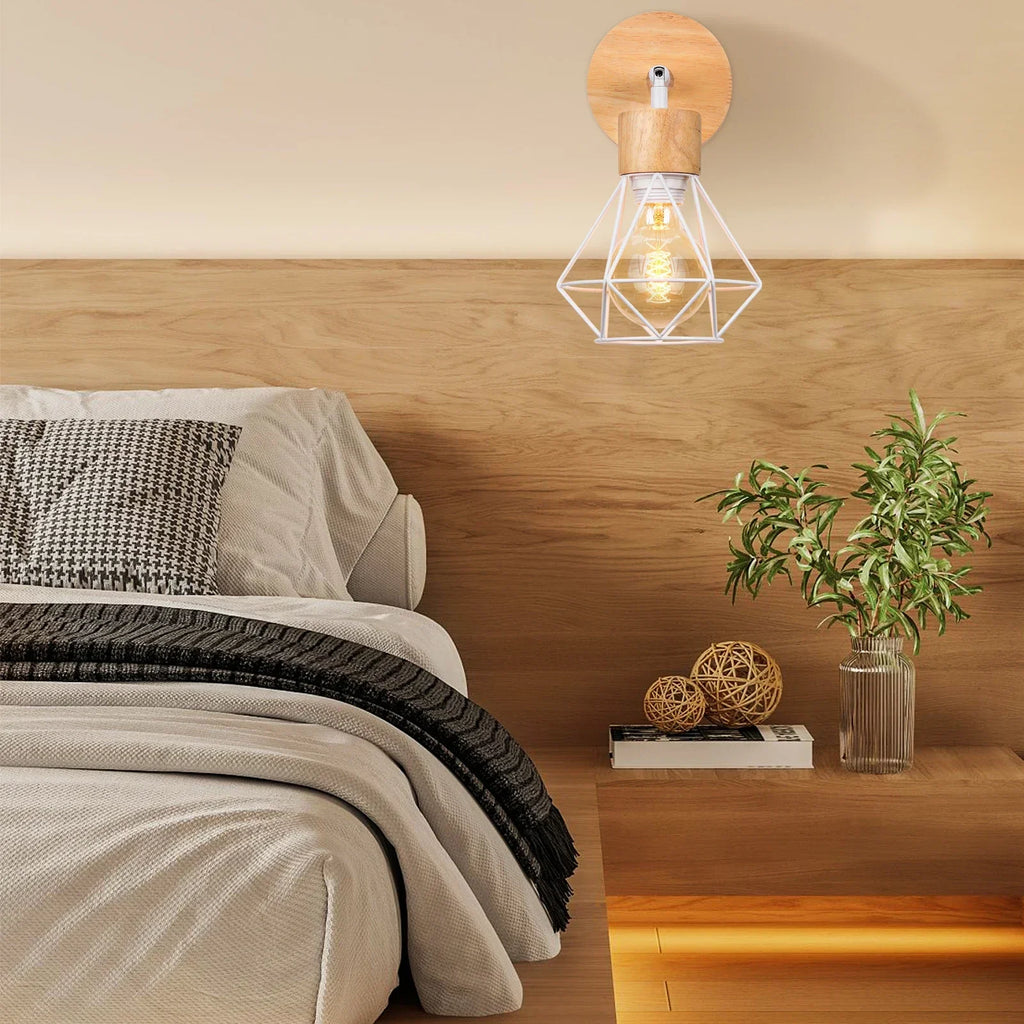 Industrial LED Wood Wall Sconce E27 Retro Bedside Lamp Vintage Indoor Lighting