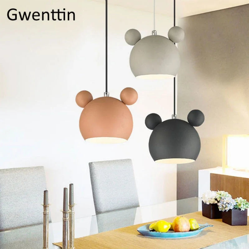 Cartoon Mouse Pendant Light: Nordic Iron Hanging Lamp for Children's Room, LED Lighting Fixtures