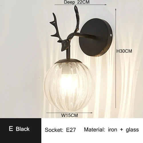 Retro Antlers Glass Ball Wall Lamp for Indoor LED Decor Lighting