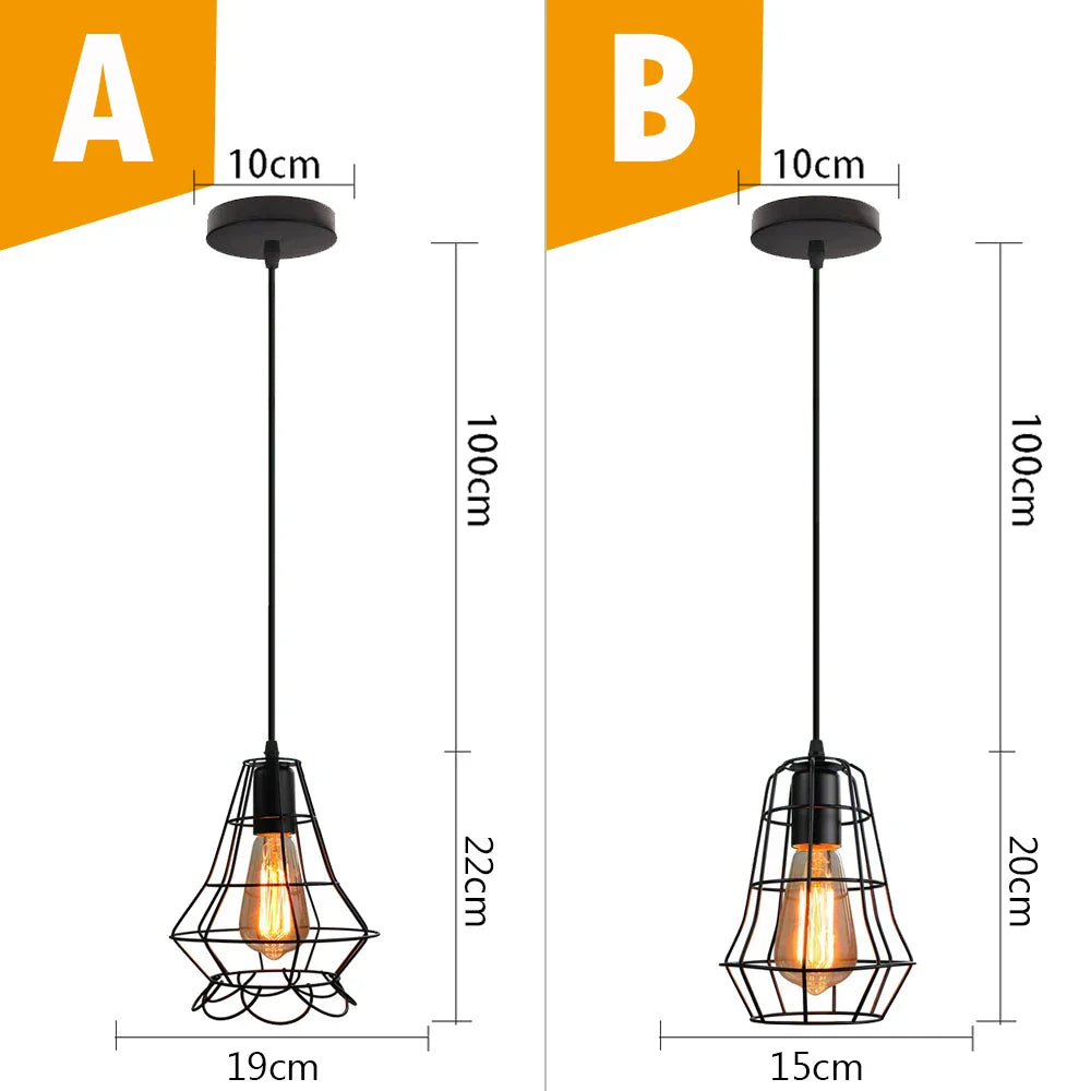 Black Metal Cage Pendant Light - Vintage Industrial Loft Kitchen Lighting