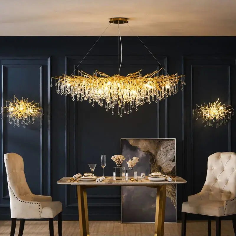 Water Drop Crystal Golden Chandelier for Living Room and Hotel Hall