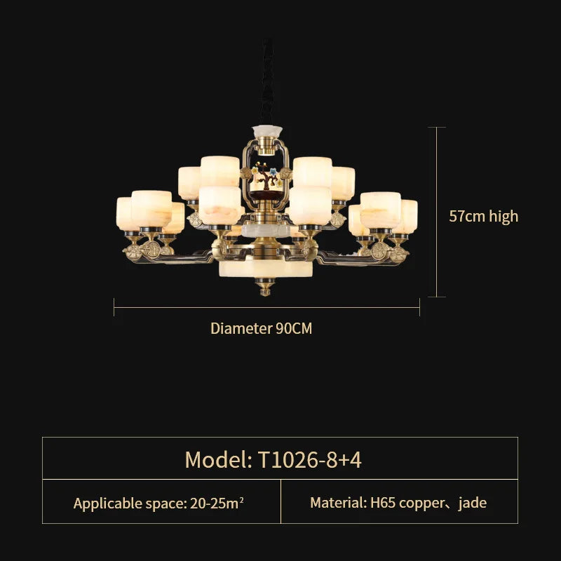 All Copper Jade Chandelier for Living Room, Villa Duplex Multi-storey Lighting