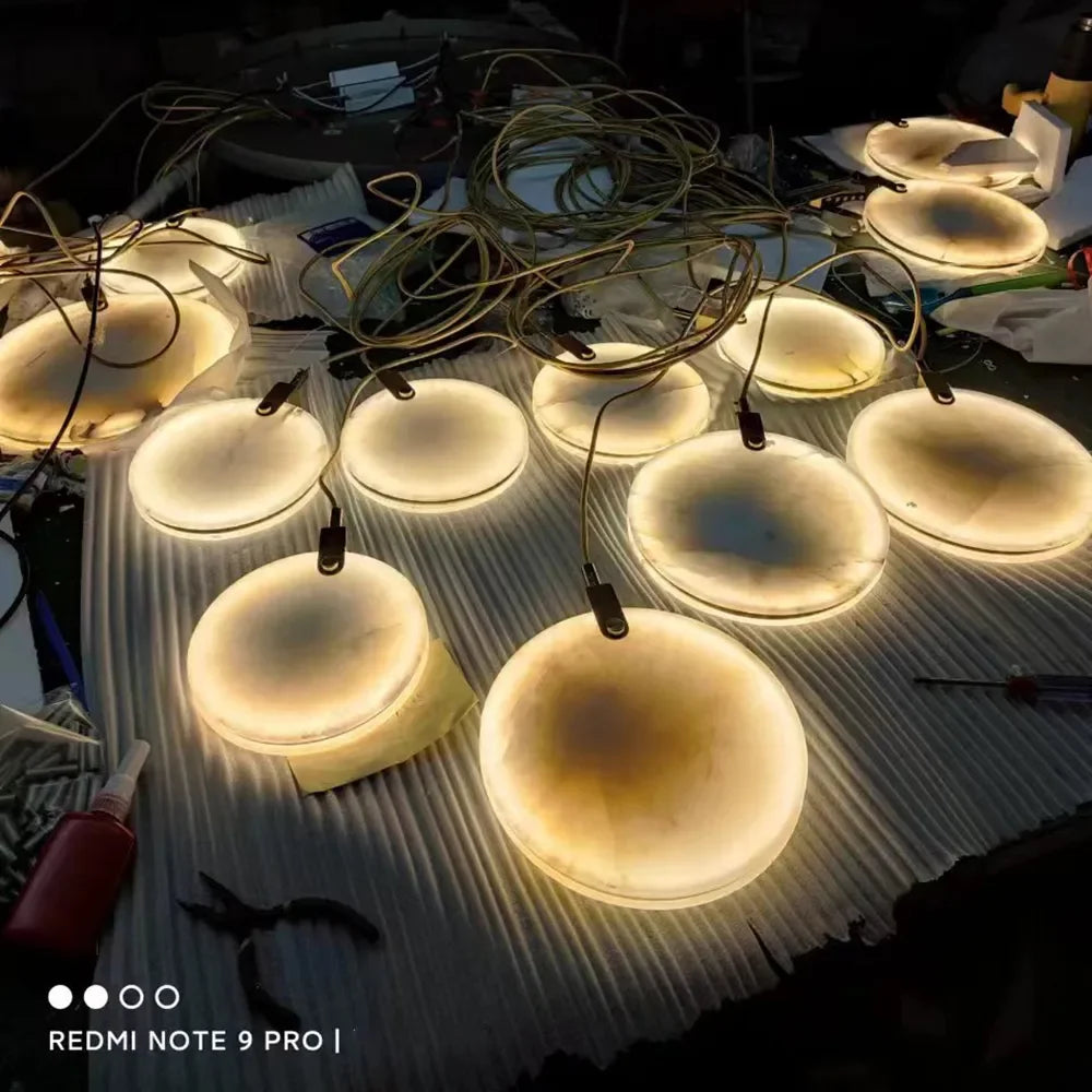 Marble LED Chandelier Staircase Lobby Light Gold Stone Fixture