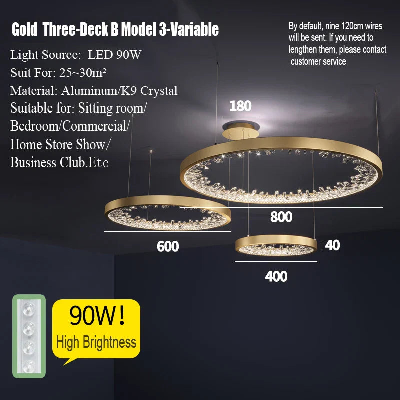 Crystal LED Chandelier Circle Hanging Lamp - Modern Luxury Dimmable Lighting