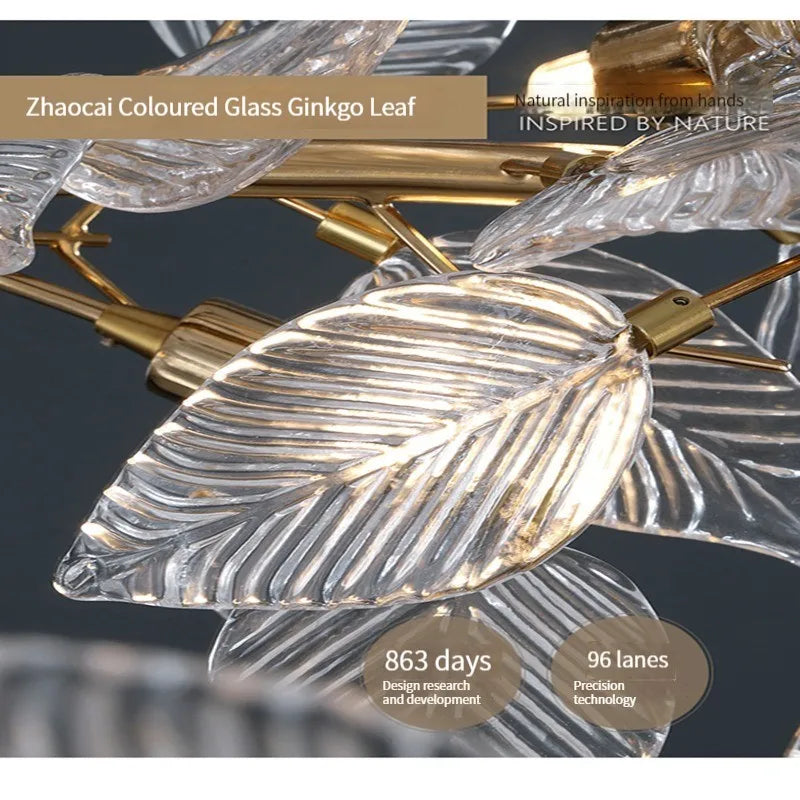 Ginkgo Leaf Crystal Chandelier - Elegant LED Pendant Lamp for Dining & Living Room