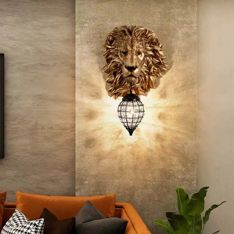 Lion Head Resin Wall Lamp: European Style Living Room Light for Home Décor