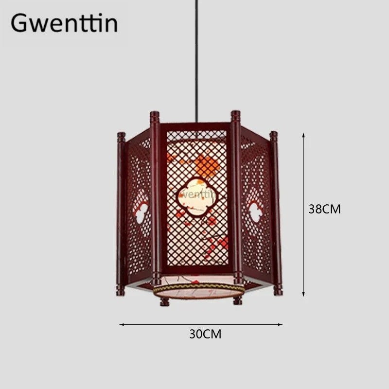Sheepskin Lantern Pendant Light - Vintage Chinese Style Wooden Hanging Lamp
