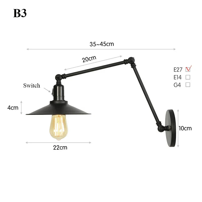 Retro Long Arm Bedside Wall Lamp with Switch - Black