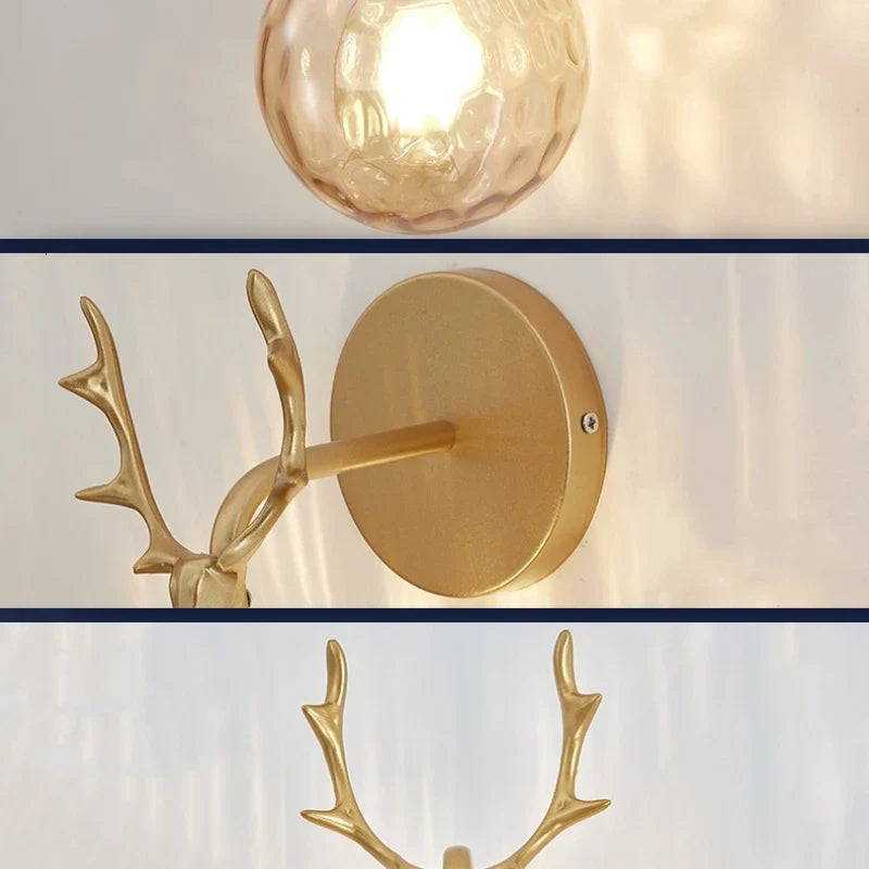 Retro Antlers Glass Ball Wall Lamp for Indoor LED Decor Lighting