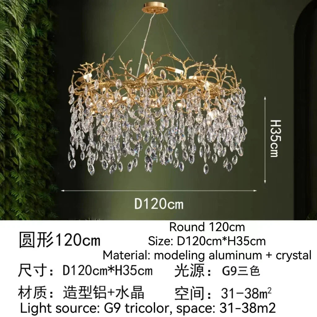 Golden Crystal Tree Chandelier, Luxury Matte Aluminum Art Ceiling Light for Living Room