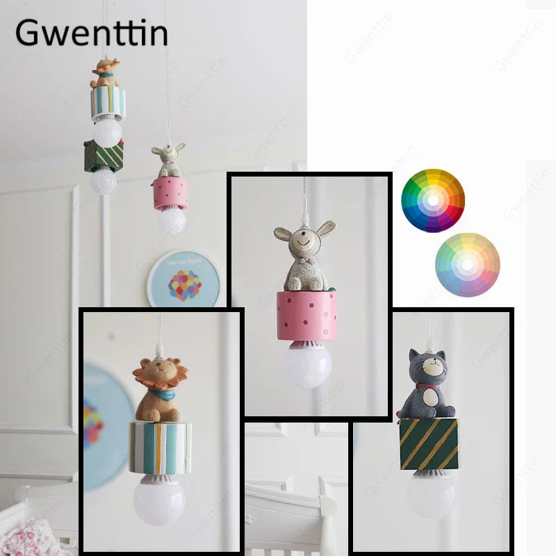 Kids Animal Pendant Lamp: Rabbit Lion Cat LED Ceiling Light Fixture